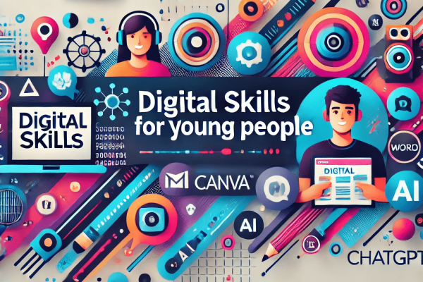 DALL·E 2024-10-22 13.49.16 - A modern and dynamic banner promoting digital skills for young people with a tech-inspired design. It should have bold and vibrant colors, and icons r